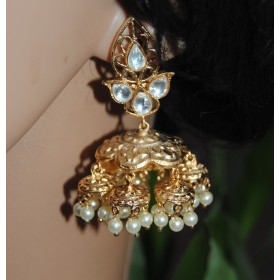  Floral Gold Polki Diamond Pearls Studded Cluster Jhumkas